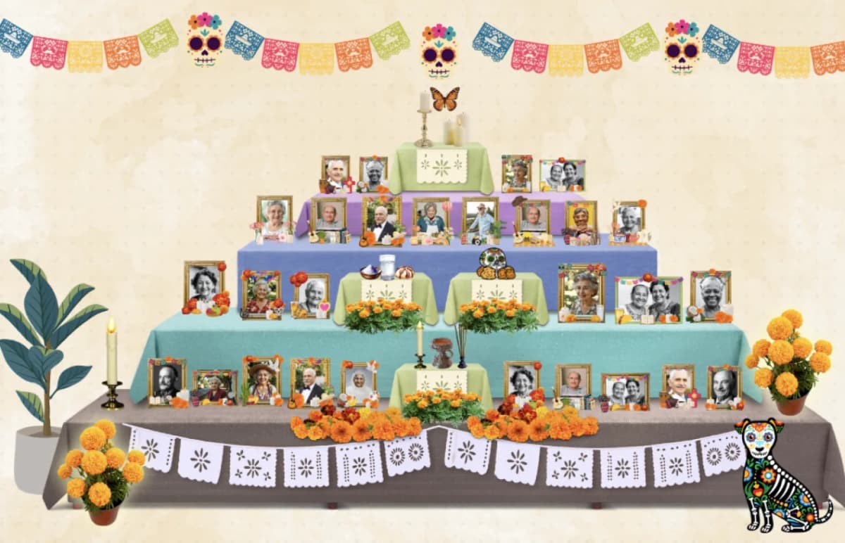 Community Altar - A shared virtual space showing a colorful Day of the Dead altar with papel picado banners, multiple levels with photos and offerings, and decorative elements